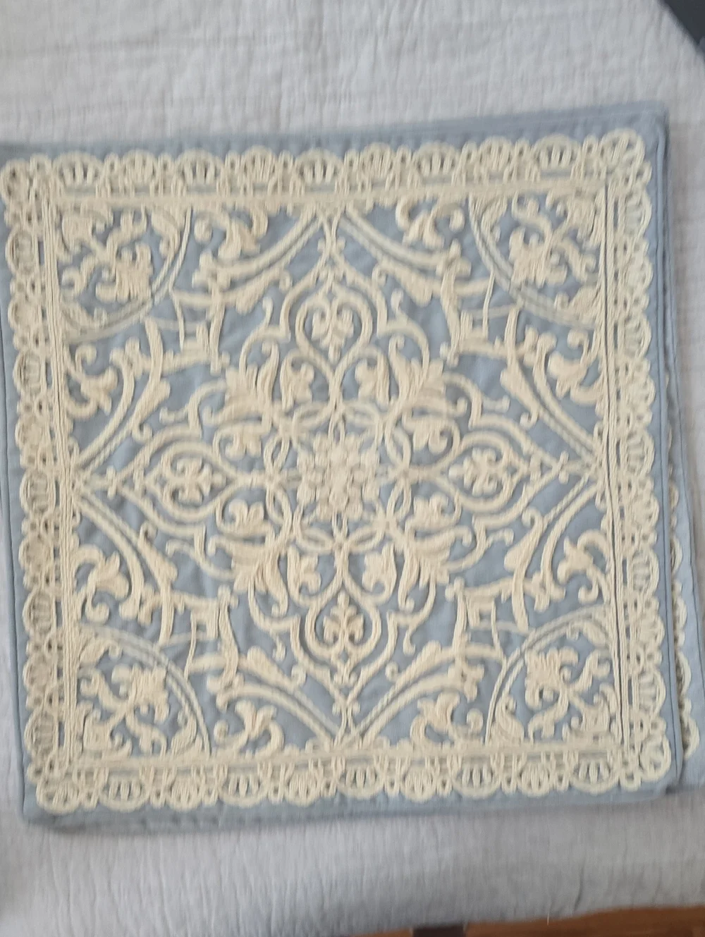 Embroidered Deco. Square Pillow Cover in Light Blue and Cream 19
